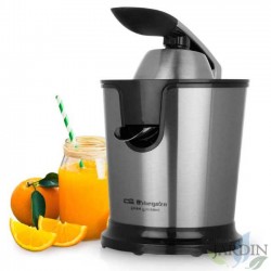 Orbegozo Stainless Steel Juicer. 160W power. AC motor. Anti-drip spout. Stainless steel body, filter, and spout.