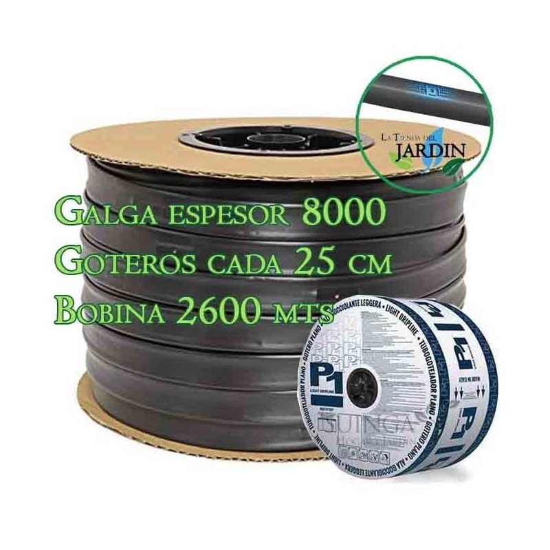 16mm drip irrigation tape, 2,600 meters, 8 mil gauge. 1.5 l/h drippers every 25 cm.