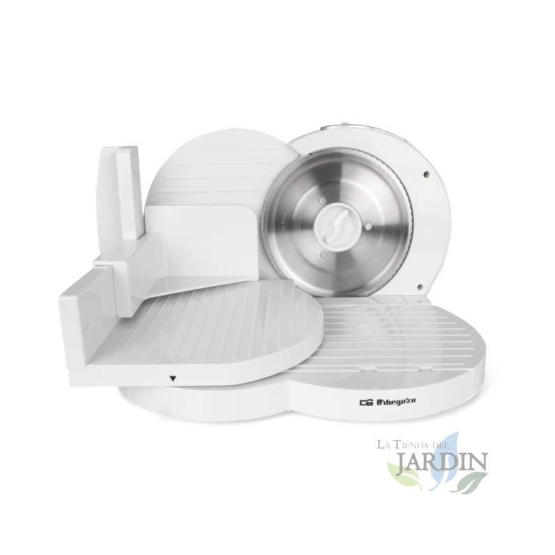 Trancheuse Orbegozo blanche. 150 W. Lame en acier inoxydable. Bouton 3 vitesses. Réglage de l'épaisseur de coupe.