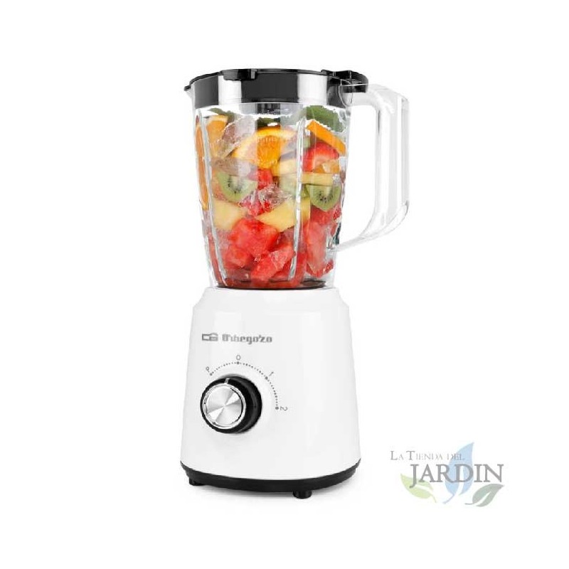 Orbegozo Mixer aus Glas.  Fassungsvermögen 1,5 Liter.  Edelstahlklinge 4.  2 Geschwindigkeiten + Turbo.  Leistung: 500W.  Orbegozo Mixer aus Glas.  Fassungsvermögen 1,5 Liter.  Edelstahlklinge 4.  2 Geschwindigkeiten + Turbo.  Leistung: 500W.