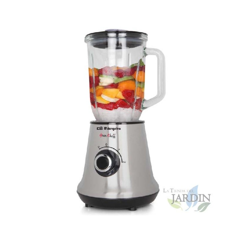 Frullatore in vetro Orbegozo. Caraffa graduata in vetro con capacità di 1 litro. 2 velocità. Potenza 500W.