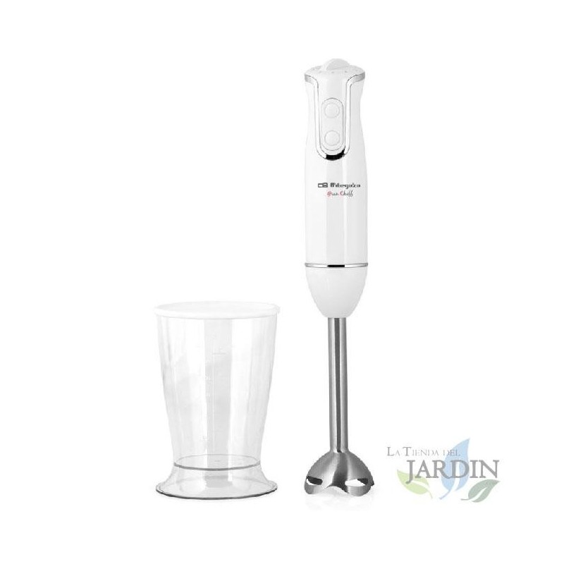 Mixeur plongeant Orbegozo. 2 vitesses. Gobelet mélangeur de 600 ml et gobelet doseur. 800 W.