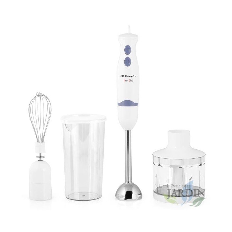 Frullatore-tritatutto. 2 velocità. Bicchiere per mescolare da 600 ml e misurino. Tritatutto universale da 500 ml con coperchio. 