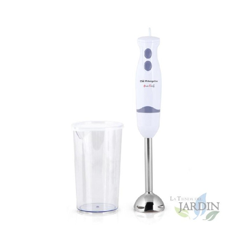 Orbegozo hand blender. 2 speeds. 600ml mixing glass with lid. Power 400W. Stainless steel arm and blade. Orbegozo hand blender. 2 speeds. 600ml mixing glass with lid. Power 400W. Stainless steel arm and blade.