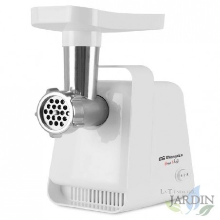 Moedor de carne Orbegozo 600W. Acessórios: 3 discos de aço inoxidável, 2 lâminas. Útil para rechear salsichas.