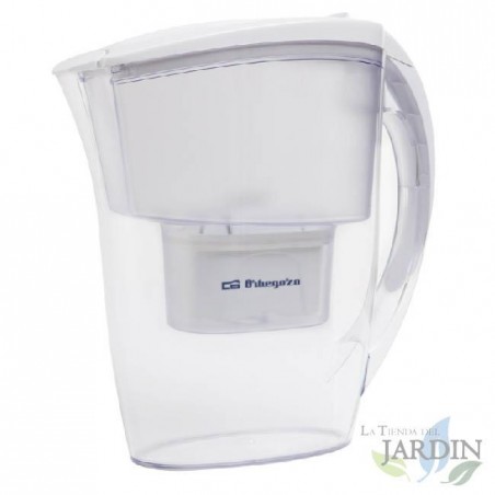 Jarra purificadora de agua. Incluye 3 cartuchos filtrantes. Capacidad total 2,4 litros, 1,2 litros de agua filtrada.