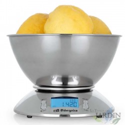 Balança de cozinha eletrônica. Tigela e corpo em aço inoxidável. Visor LCD. Capacidade máxima: 5 kg. Peso: 1 g.
