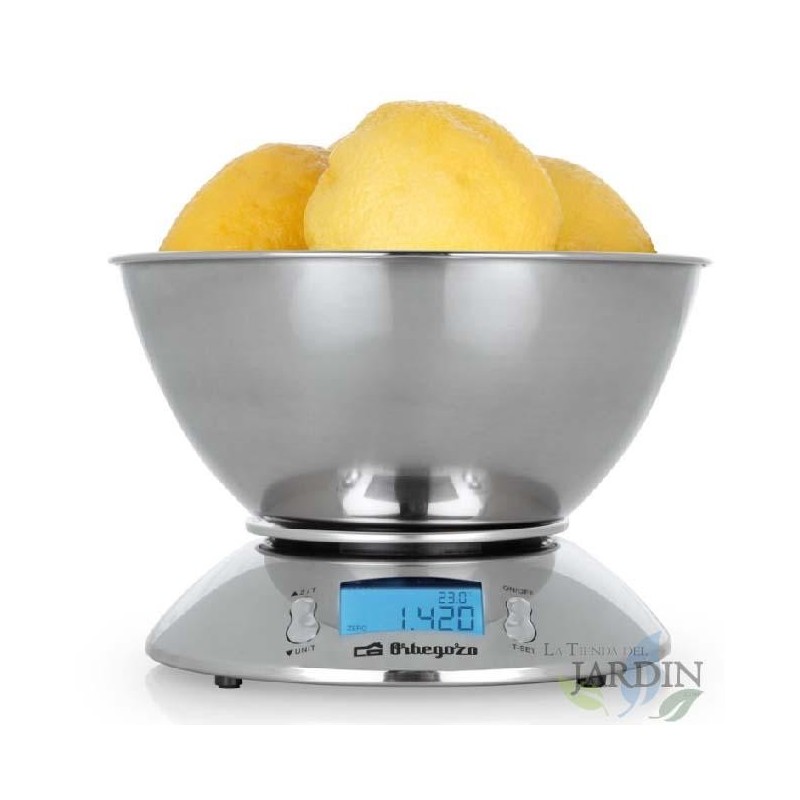 Elektronische Küchenwaage. Schüssel und Gehäuse aus Edelstahl. LCD-Anzeige. Maximale Tragkraft: 5 kg. Waage: 1 g.