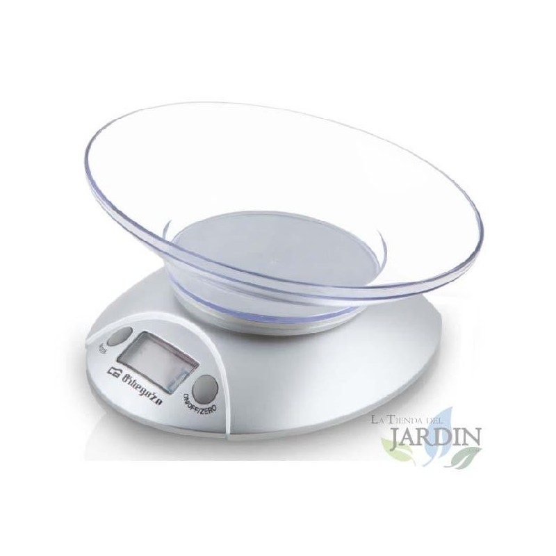 Bilancia da cucina elettronica Orbegozo. Display LCD da 17,5 mm. Ciotola trasparente. Capacità massima: 3 kg. Bilancia: 1 g.