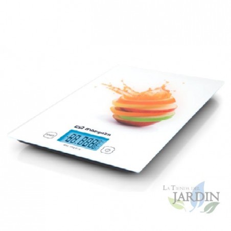 Orbegozo electronic kitchen weight.  Weighs up to 20 kg. Tare function.  Measure weight and volume in ml.  LCD screen.