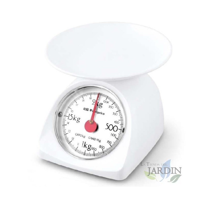 Balança de cozinha mecânica Orbegozo. Superfície plástica lisa. Capacidade máxima: 2 kg. Escala: 10 g.
