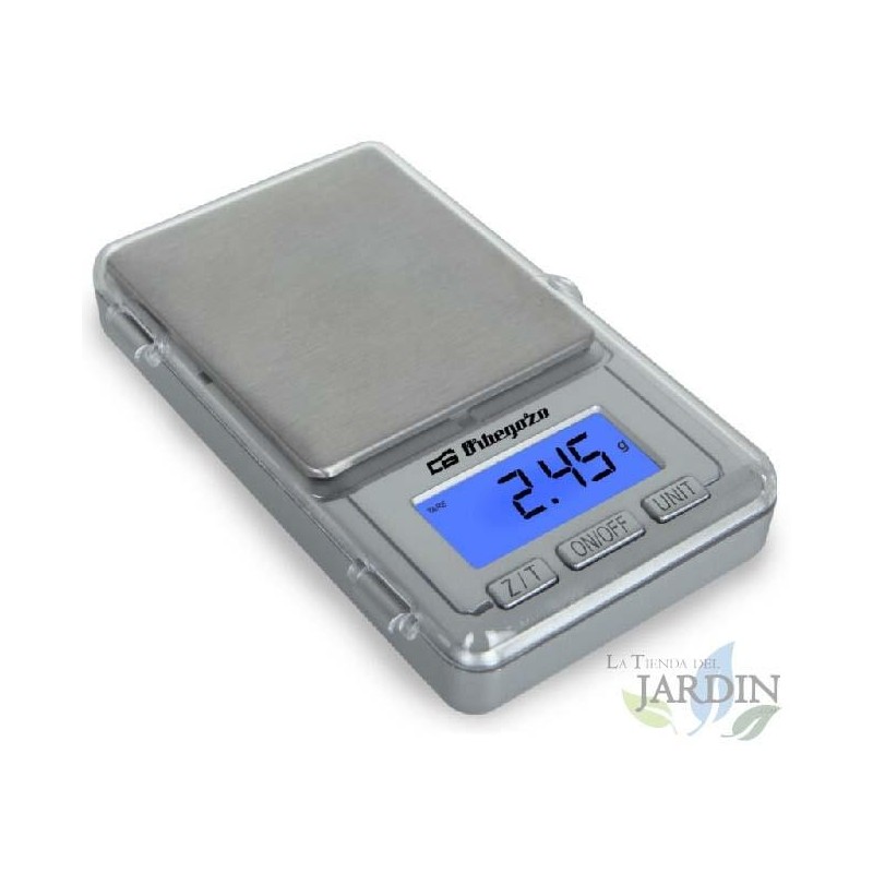 Balança eletrônica de precisão Orbegozo. Visor LCD azul de 13 mm. Escala: 0,01 g. Capacidade máxima: 100 g.