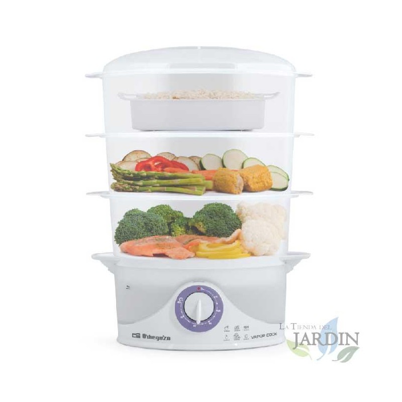 Cooker with 3 stackable containers and a special container for rice. 9 liter capacity. Power 800W. Cooker with 3 stackable containers and a special container for rice. 9 liter capacity. Power 800W.