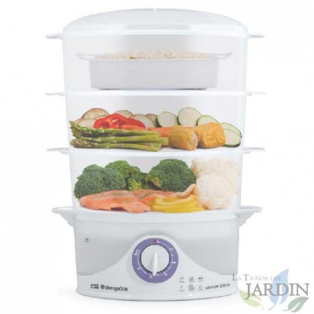 Fornello con 3 contenitori sovrapponibili e uno speciale contenitore per il riso. Capacità 9 litri. Potenza 800W.