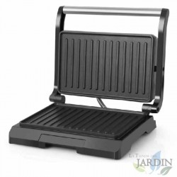 GRILL INOX Orbegozo. Piatto con rivestimento antiaderente. Superficie di tostatura: 23x14,5 cm.  Potenza: 800W.