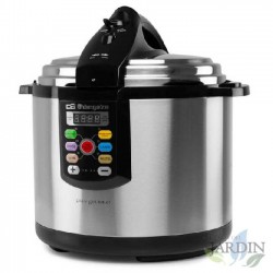 Orbegozo programmable electric pressure cooker. 8-liter capacity. 24-hour start timer. Ultra-fast cooking.