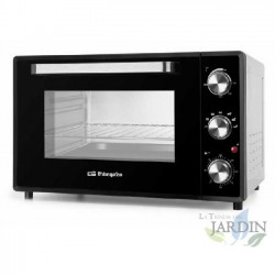 Forno de convecção Orbegozo de 60 litros. Preto e prata. Aquecimento superior e inferior. Porta com vidro duplo. Potência: 2000 