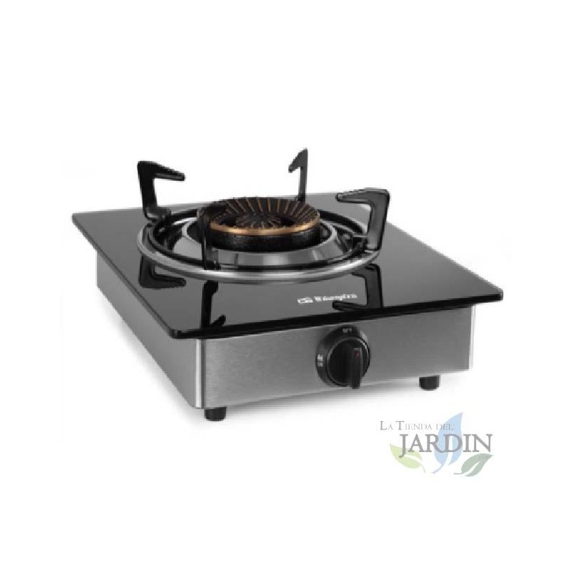 Fornello a gas Orbegozo FO1720, corpo in acciaio inossidabile e superficie in vetro temperato nero (7 mm). Carburante: Gas butan