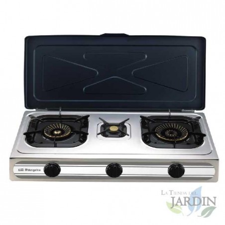 Gas stove with Orbegozo lid, INOX body.  Fuel: Butane gas or propane gas.  For outdoor use.