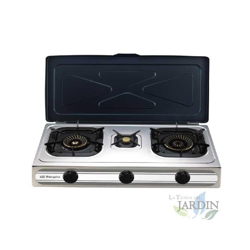 Orbegozo gas stove with lid, stainless steel body. Fuel: Butane or propane gas. For outdoor use.