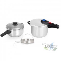 Panela de pressão com capacidade para 4+6 litros. 22 cm de diâmetro. Inclui tampa de vidro e acessórios para cozimento a vapor. 