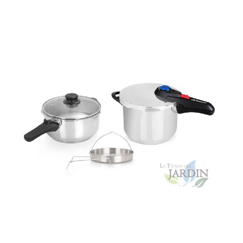 Panela de pressão com capacidade para 4+6 litros. 22 cm de diâmetro. Inclui tampa de vidro e acessórios para cozimento a vapor. 