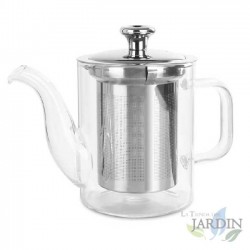 Bule de vidro borossilicato com alta resistência ao calor. Capacidade de 400 ml. Tampa e filtro de aço inoxidável.