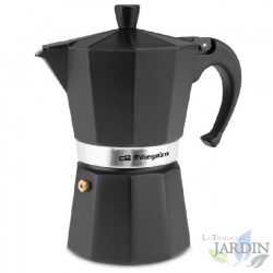 Italienische Kaffeemaschine aus schwarzem Aluminium von Orbegozo. Fassungsvermögen: 6 Tassen.
