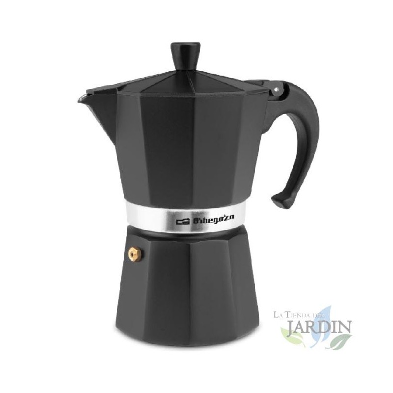 Orbegozo BLACK aluminum Italian coffee maker. Capacity 6 cups. Orbegozo BLACK aluminum Italian coffee maker. Capacity 6 cups.
