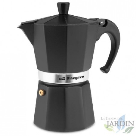 Italienische Kaffeemaschine aus schwarzem Aluminium von Orbegozo. Fassungsvermögen: 6 Tassen.