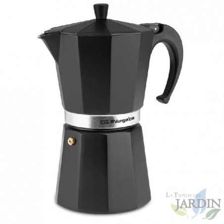 Italienische Kaffeemaschine aus schwarzem Aluminium von Orbegozo. Fassungsvermögen: 12 Tassen.