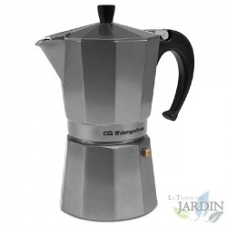 Italienische Kaffeemaschine aus Aluminium in Silber von Orbegozo. Fassungsvermögen: 9 Tassen.