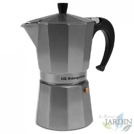 Italienische Kaffeemaschine aus Aluminium in Silber von Orbegozo. Fassungsvermögen: 9 Tassen.