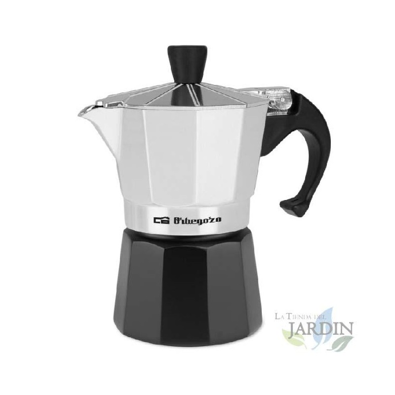 Italienische Kaffeemaschine aus Aluminium von Orbegozo. Fassungsvermögen: 2 Tassen.