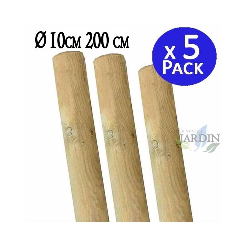 Lot de 5 Tuteur en bois 200 cm Ø 10 cm | Tuteurs sans Pointe | Poteaux en Bois | Piquets de Fixation | Piquets de Jardin