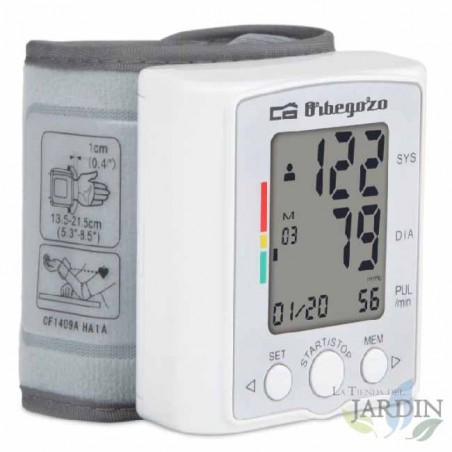  Orbegozo wrist blood pressure monitor 60 memories for 2 users with date and time.  Large, easy-to-read LCD display.