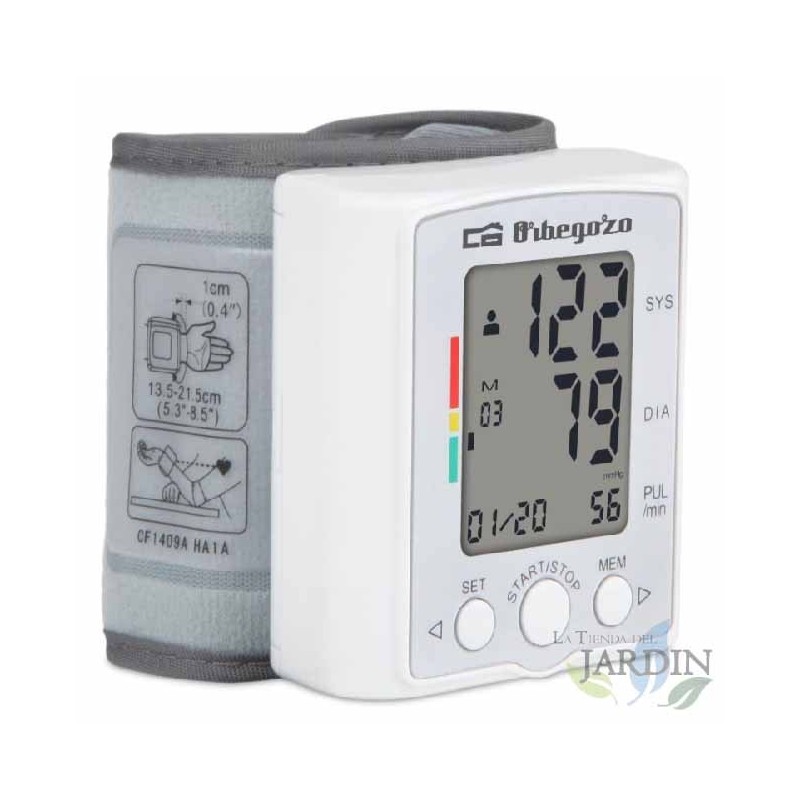 Orbegozo wrist blood pressure monitor with 60 memories for two users, date and time. Large, easy-to-read LCD display.