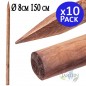 10 x Poste tutor de madera con Punta 150 cm, diametro 8 cm. Soporte de arboles. Construccion de vallas, cercados, pergolas