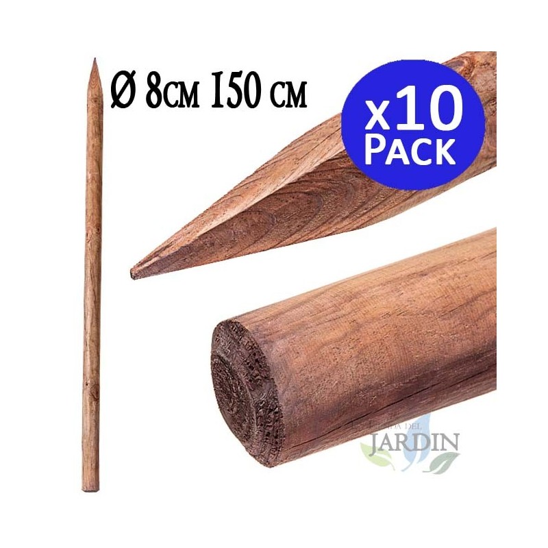 Pack 10 x Poste de madera con punta 150 cm, diámetro 8 cm