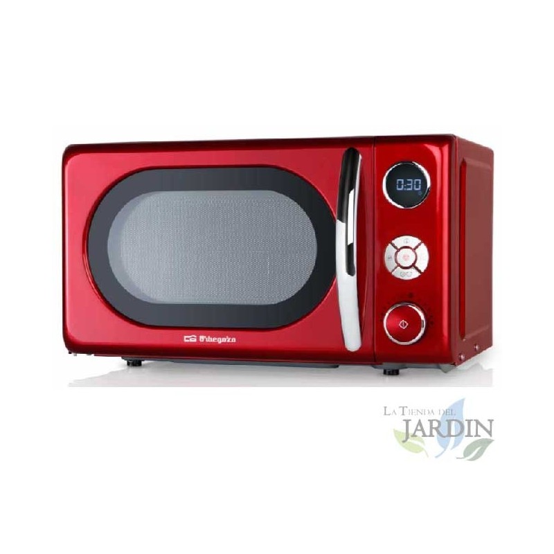 Micro-ondas Orbegozo Vintage Red 20L, 700W. Grelha de quartzo de 900W. 10 níveis de potência. Temporizador digital de 95 minutos