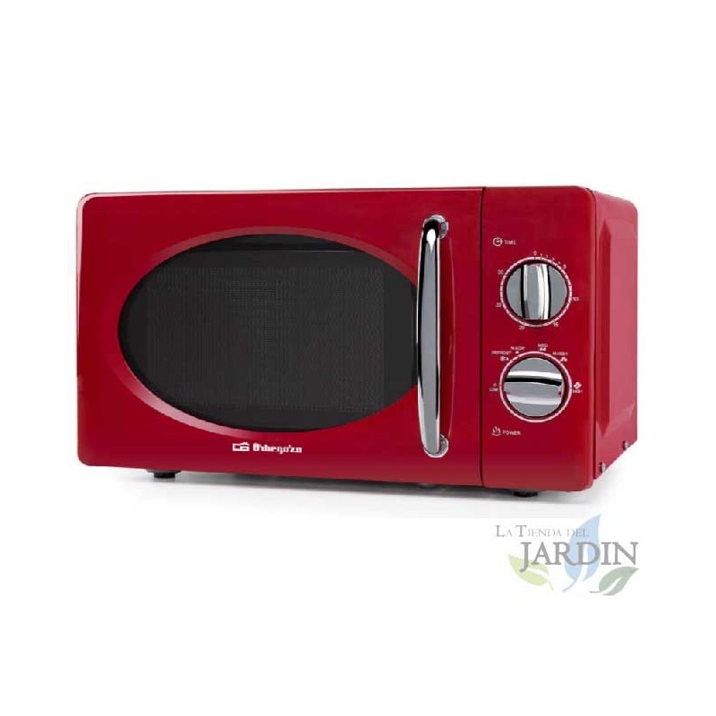 Forno a microonde Orbegozo da 700 W, colore rosso vintage. Capacità 20 L. 6 livelli di potenza. Timer da 30 minuti.