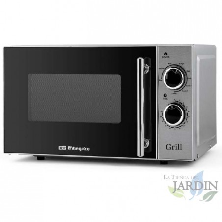  Microonde 20 L Orbegozo.  Potenza 700 W.  Griglia 900W.  Frontale con dettaglio INOX.  5 livelli di potenza + grill + 3 Combi.