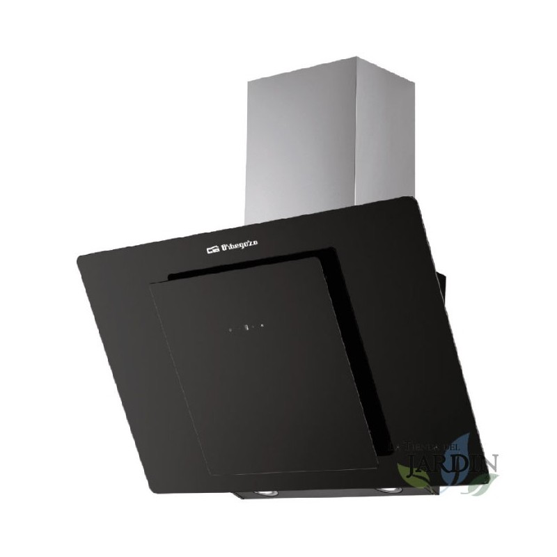 Orbegozo decorative glass hood. 1 x 210W motor. Energy efficiency class D. Dimensions: 69.5 x 40.5 x 47 cm.