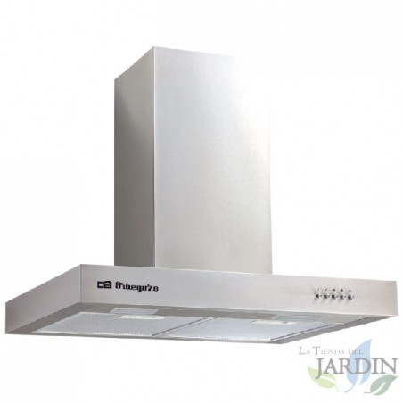 Cappa decorativa Orbegozo in acciaio inox. Classe energetica B. 2 filtri in alluminio. Motore da 190 W. Dimensioni: 70 x 50 x 58