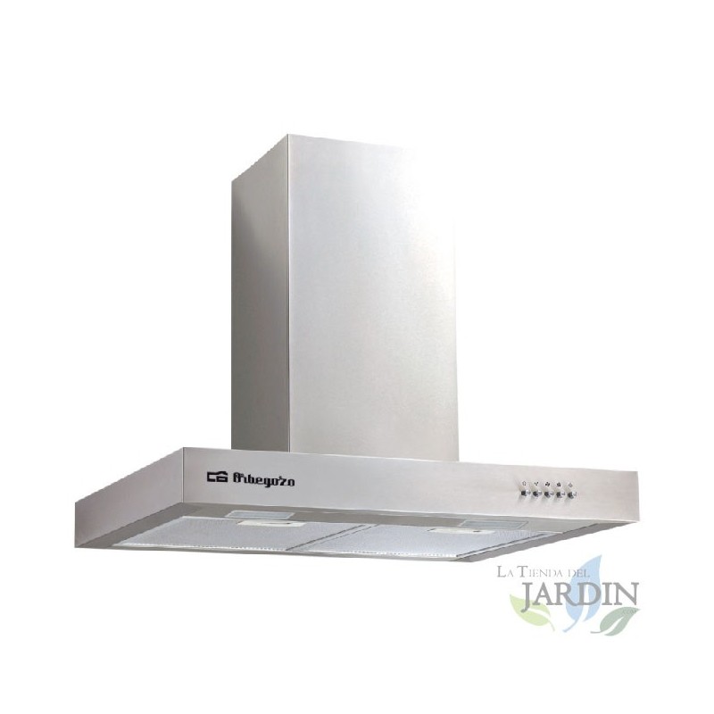 Cappa decorativa Orbegozo in acciaio inox. Classe energetica B. 2 filtri in alluminio. Motore da 190 W. Dimensioni: 70 x 50 x 58