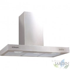 Cappa decorativa in acciaio inox. Classe energetica B. 3 filtri in alluminio. Motore da 190 W. Dimensioni: 90 x 50 x 58-116 cm.