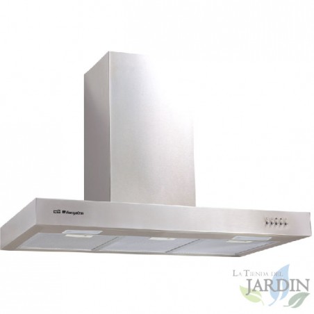 Dekorative Dunstabzugshaube aus Edelstahl. Energieklasse B. 3 Aluminiumfilter. 190-W-Motor. Abmessungen: 90 x 50 x 58-116 cm.