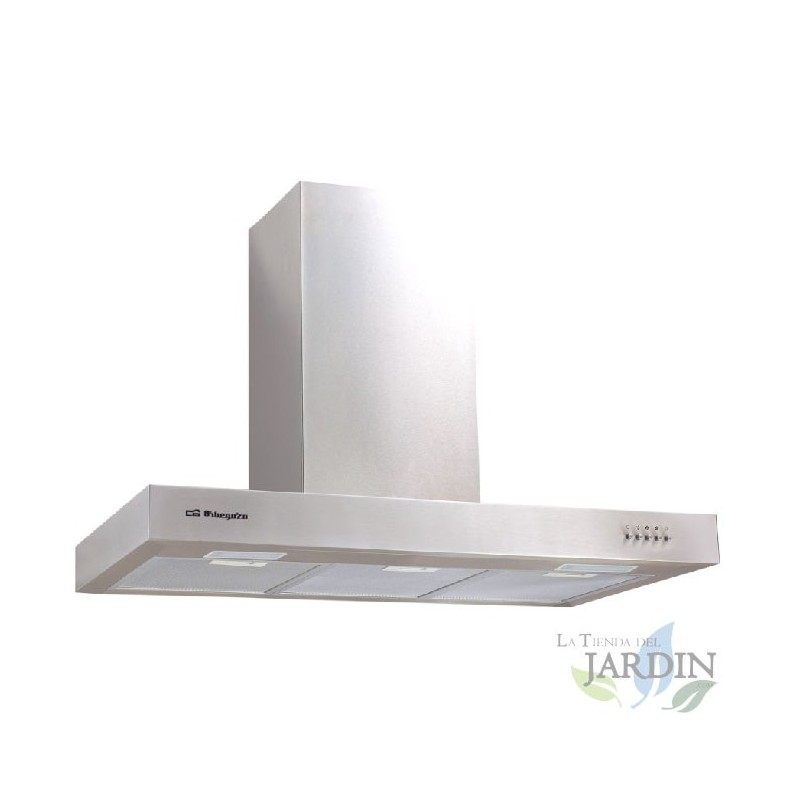Hotte décorative en acier inoxydable. Classe énergétique B. 3 filtres en aluminium. Moteur de 190 W. Dimensions : 90 x 50 x 58-1