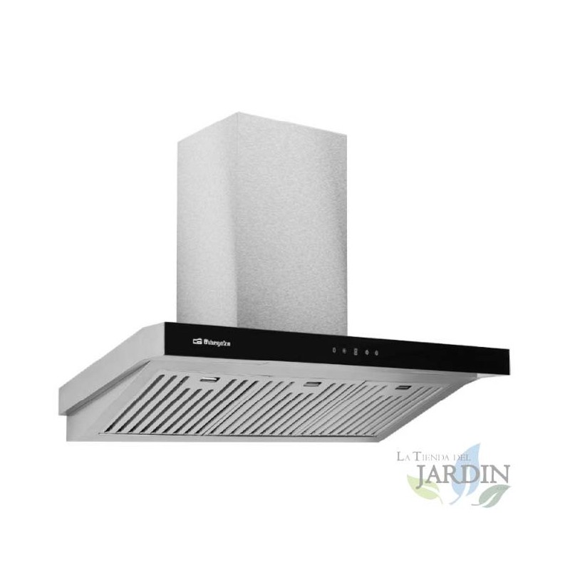 Dekorative Dunstabzugshaube von Orbegozo mit Front aus gehärtetem Glas. Energieklasse A. Verstellbarer Kamin. 230-W-Motor.