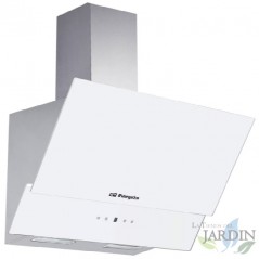 Cappa decorativa in vetro bianco Orbegozo. Motore da 230 W. Classe energetica A. Dimensioni: 90 x 37,5 x 87-135 cm.